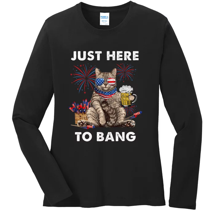 Just Here To Bang Usa Flag Funny Beer 4th Of July Cat Lover Ladies Long Sleeve Shirt