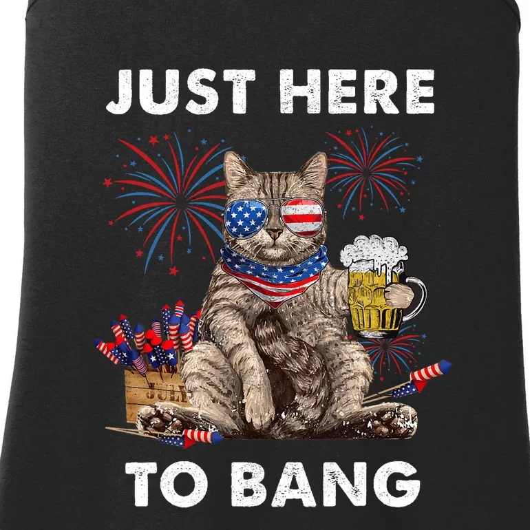 Just Here To Bang Usa Flag Funny Beer 4th Of July Cat Lover Ladies Essential Tank