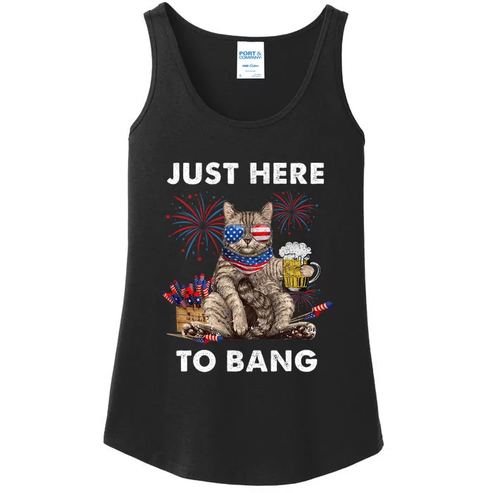 Just Here To Bang Usa Flag Funny Beer 4th Of July Cat Lover Ladies Essential Tank