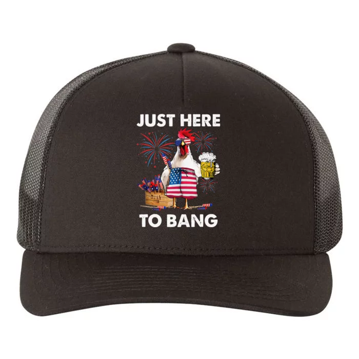 Just Here To Bang USA Flag Funny 4th Of July Chicken Beer Yupoong Adult 5-Panel Trucker Hat