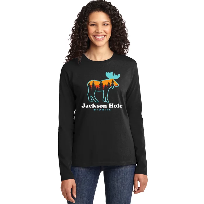 Jackson Hole Wyoming Moose Mountains Grand Tetons Ladies Long Sleeve Shirt