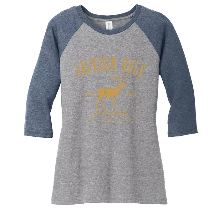 Jackson Hole Wyoming USA Estd 1892 with Elk Souvenir Design Women's Tri-Blend 3/4-Sleeve Raglan Shirt