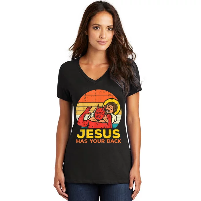 Jesus Has Your Back Jiu Jitsu Retro Christian Men Women Women's V-Neck T-Shirt