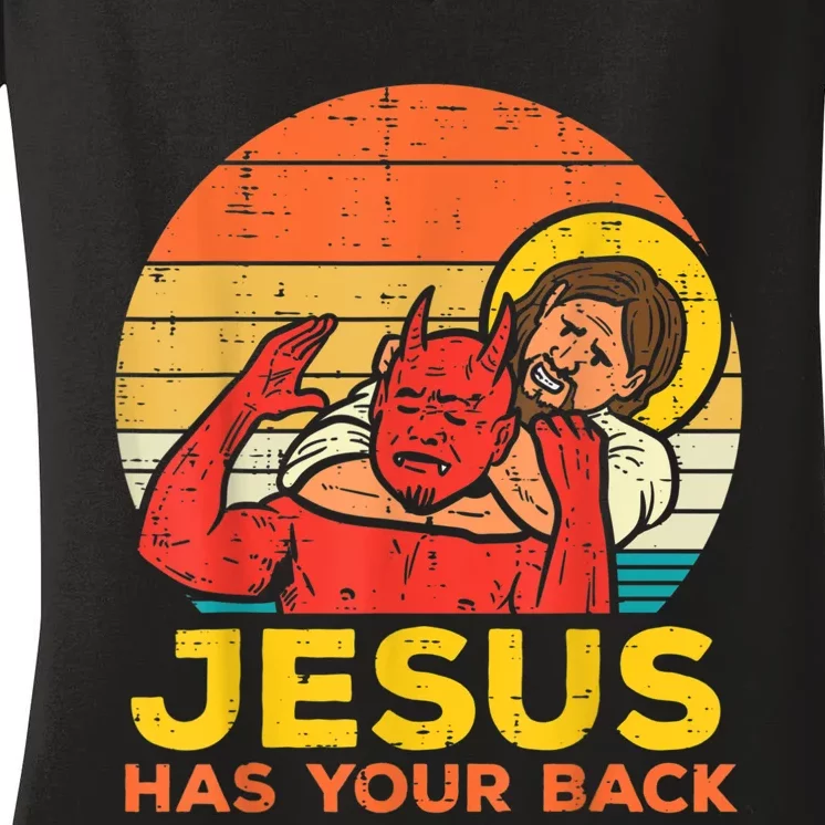 Jesus Has Your Back Jiu Jitsu Retro Christian Men Women Women's V-Neck T-Shirt