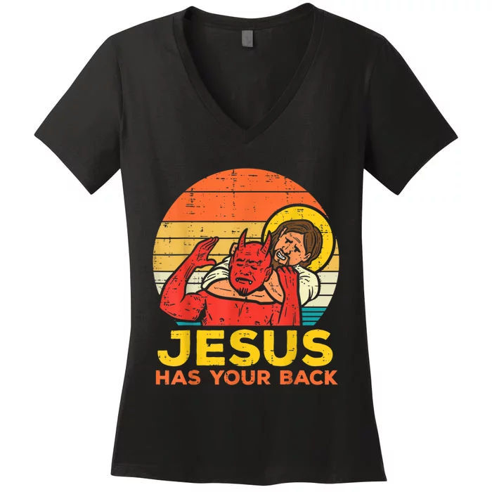 Jesus Has Your Back Jiu Jitsu Retro Christian Men Women Women's V-Neck T-Shirt