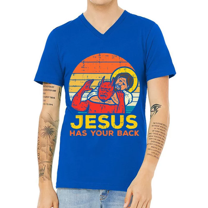 Jesus Has Your Back Jiu Jitsu Retro Christian V-Neck T-Shirt