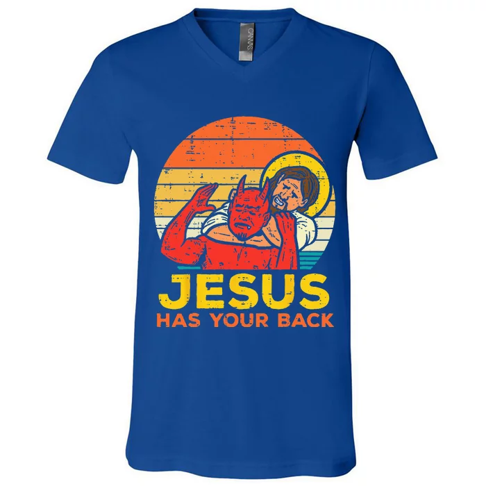 Jesus Has Your Back Jiu Jitsu Retro Christian V-Neck T-Shirt