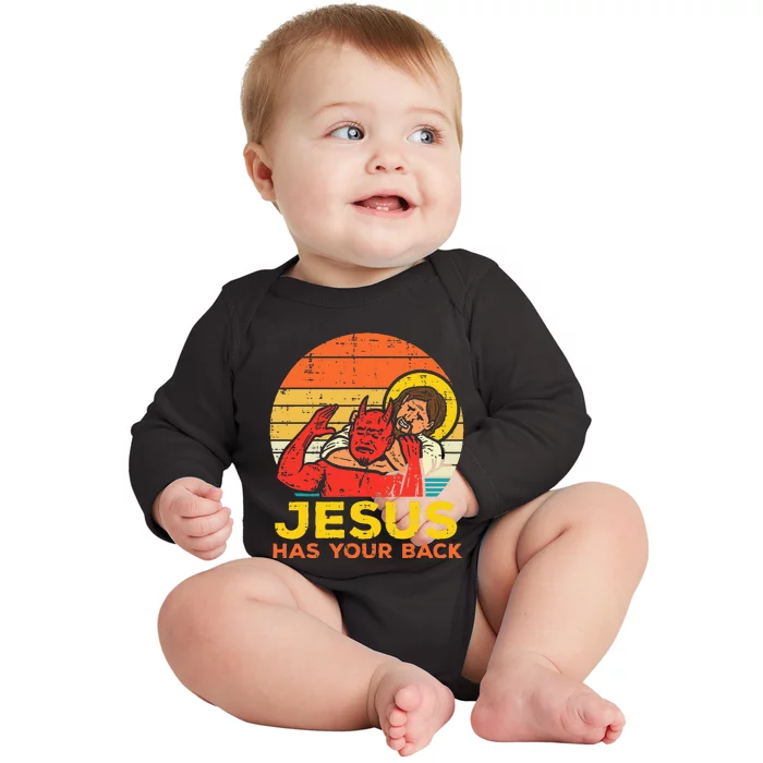 Jesus Has Your Back Jiu Jitsu Retro Christian Men Women Kids Baby Long Sleeve Bodysuit