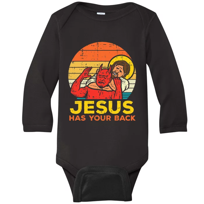 Jesus Has Your Back Jiu Jitsu Retro Christian Men Women Kids Baby Long Sleeve Bodysuit