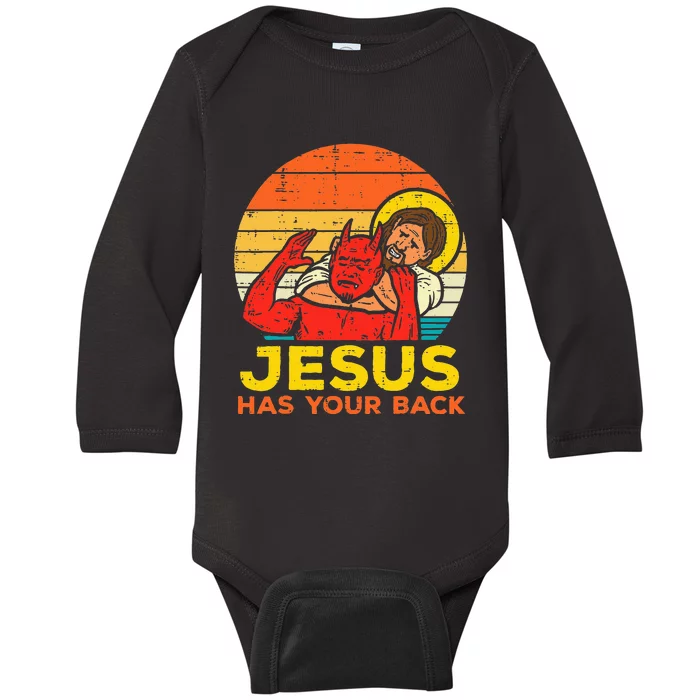 Jesus Has Your Back Jiu Jitsu Retro Christian Baby Long Sleeve Bodysuit