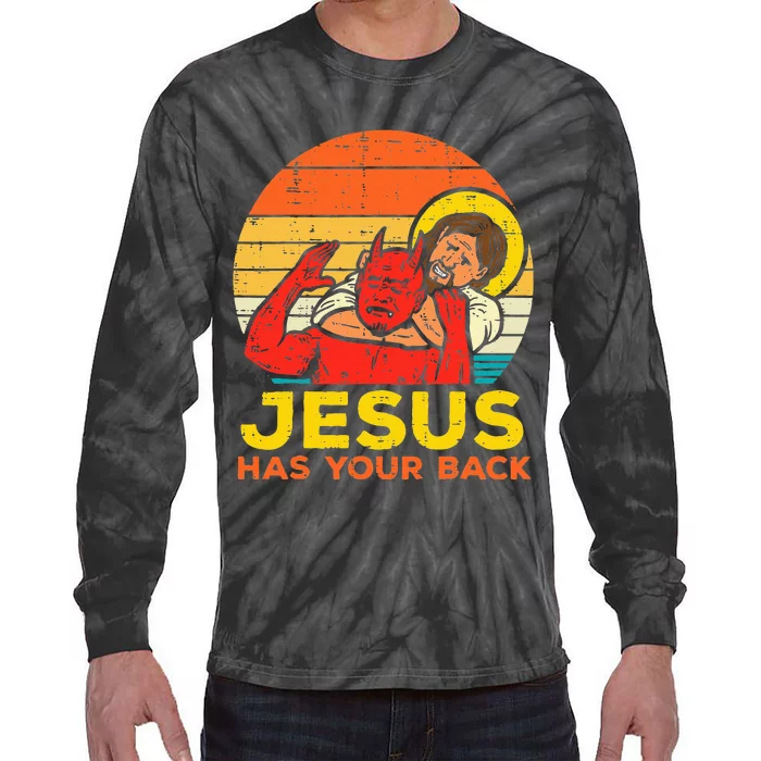 Jesus Has Your Back Jiu Jitsu Retro Christian Tie-Dye Long Sleeve Shirt