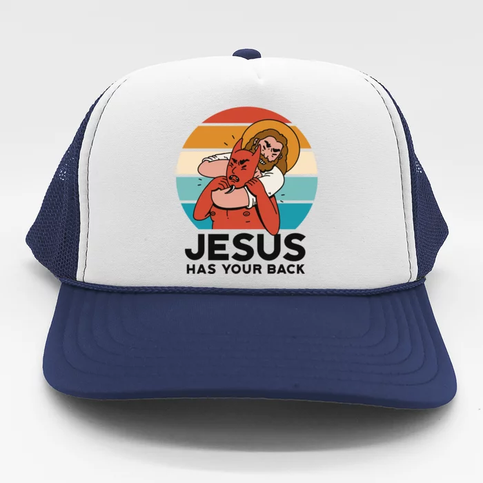 Jesus Has Your Back Fighting Devil Retro Sunset Trucker Hat