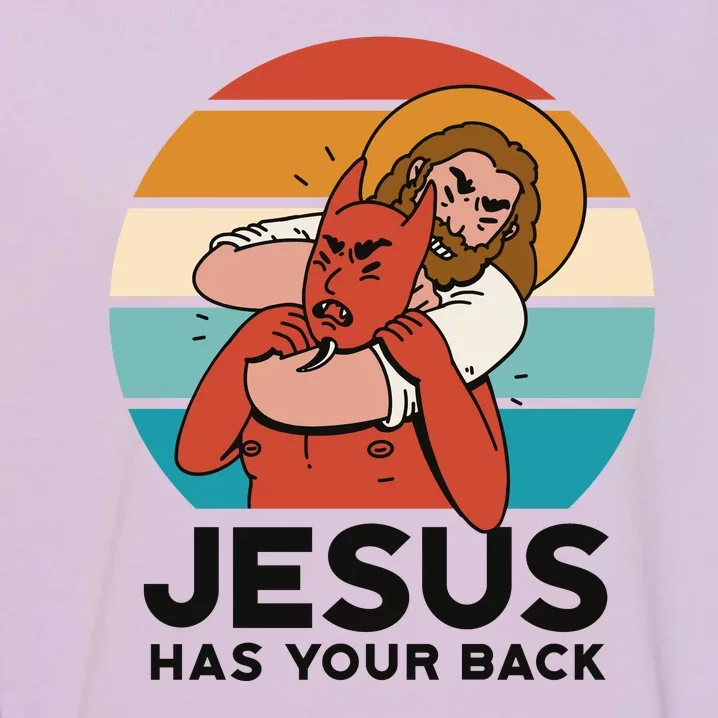 Jesus Has Your Back Fighting Devil Retro Sunset Garment-Dyed Sweatshirt