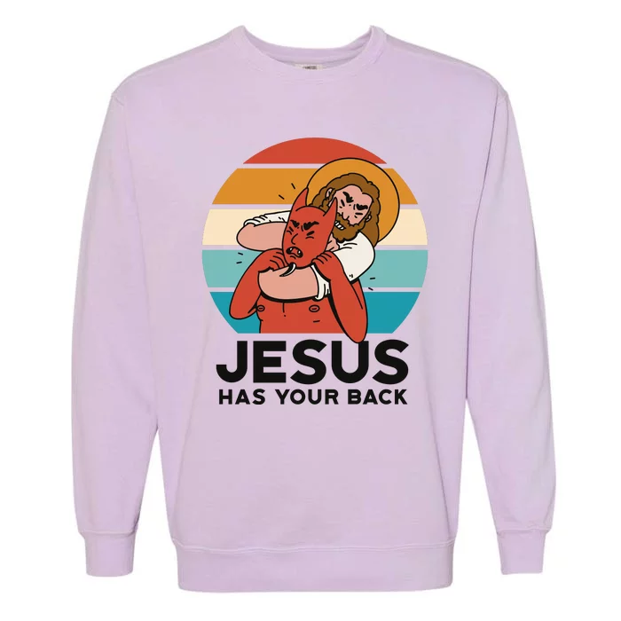 Jesus Has Your Back Fighting Devil Retro Sunset Garment-Dyed Sweatshirt