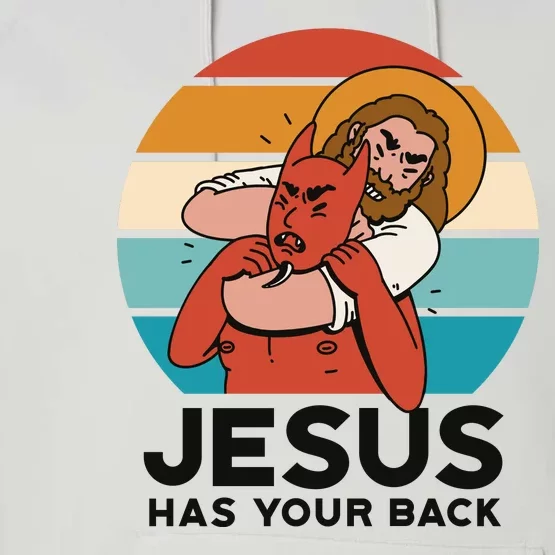 Jesus Has Your Back Fighting Devil Retro Sunset Performance Fleece Hoodie