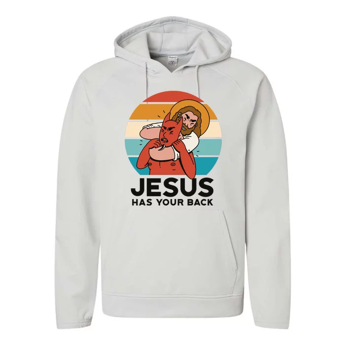 Jesus Has Your Back Fighting Devil Retro Sunset Performance Fleece Hoodie