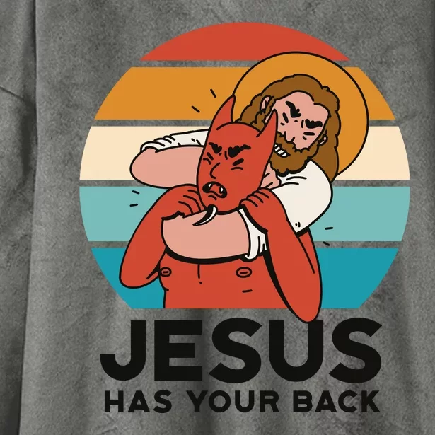 Jesus Has Your Back Fighting Devil Retro Sunset Hooded Wearable Blanket