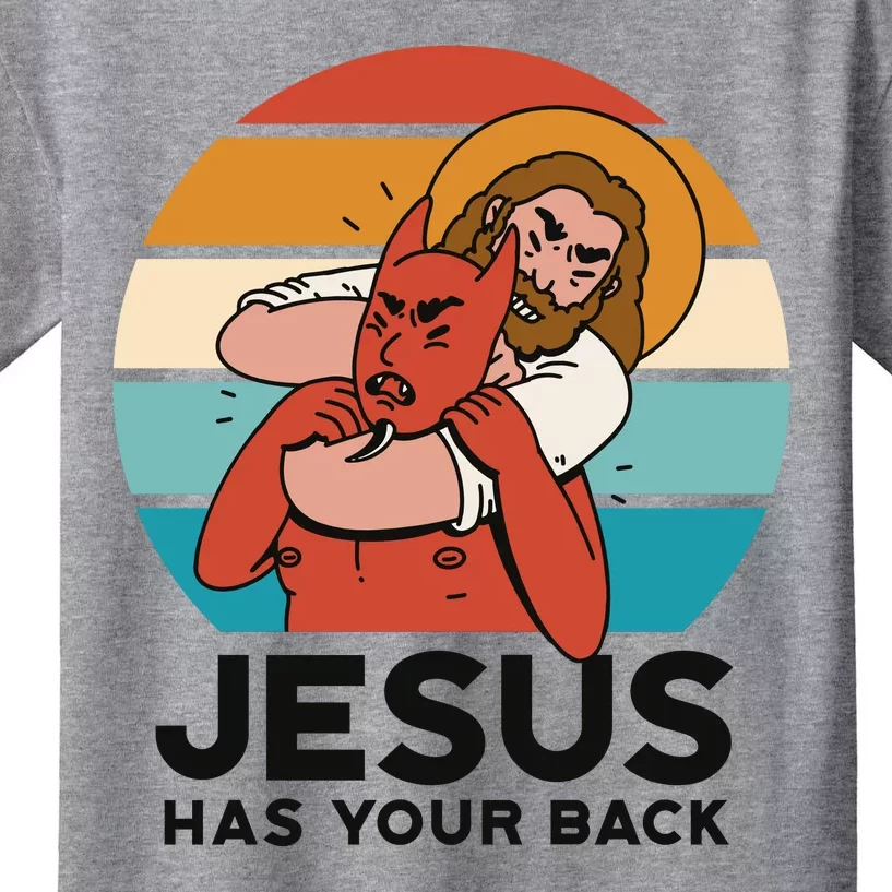 Jesus Has Your Back Fighting Devil Retro Sunset Kids T-Shirt