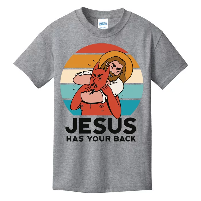 Jesus Has Your Back Fighting Devil Retro Sunset Kids T-Shirt