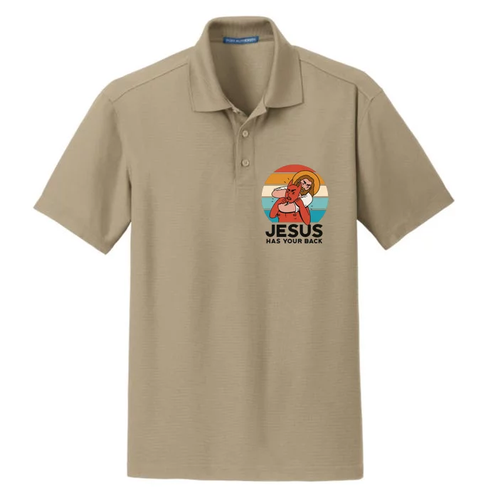 Jesus Has Your Back Fighting Devil Retro Sunset Dry Zone Grid Performance Polo