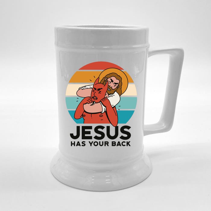 Jesus Has Your Back Fighting Devil Retro Sunset Front & Back Beer Stein