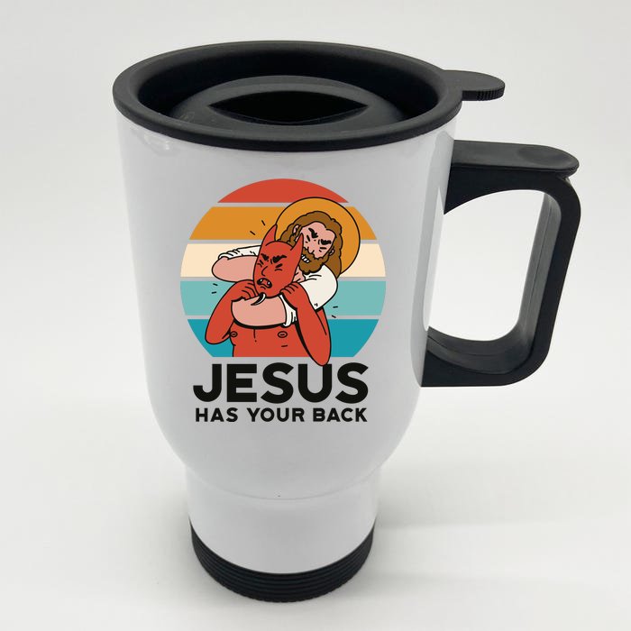 Jesus Has Your Back Fighting Devil Retro Sunset Front & Back Stainless Steel Travel Mug