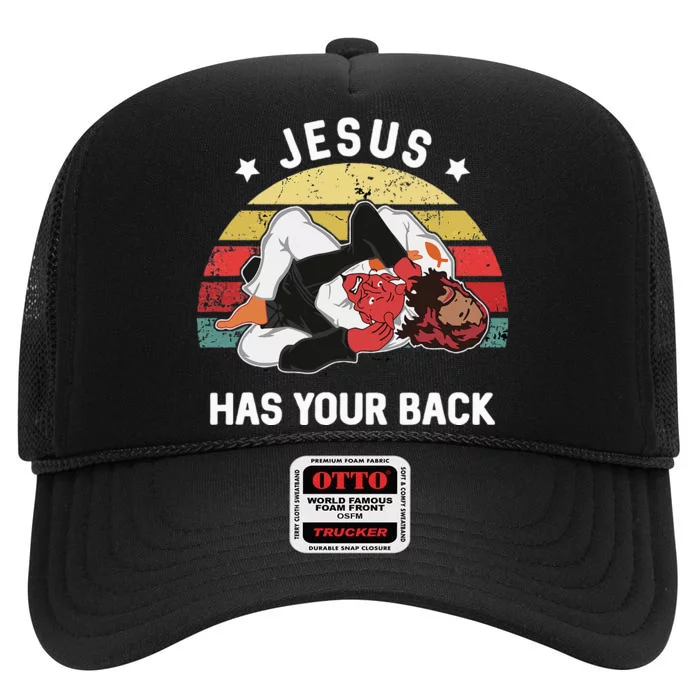 Jesus Has Your Back Jiu Jitsu Christian High Crown Mesh Trucker Hat