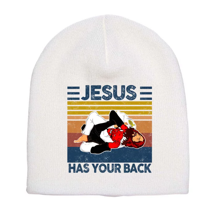 Jesus Has Your Back Vintage JIU JITSU Funny Satan Finished Short Acrylic Beanie