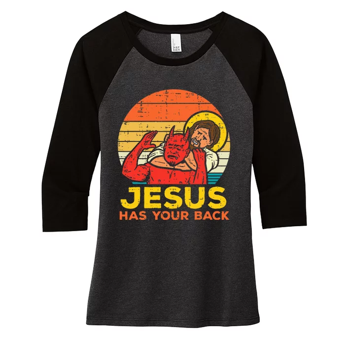 Jesus Has Your Back Jiu Jitsu Retro Christian Women's Tri-Blend 3/4-Sleeve Raglan Shirt