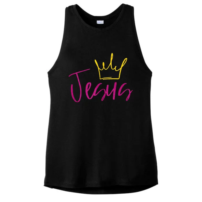 Jesus In Fuchsia Pink Gold Crown Christian Garments Ladies Tri-Blend Wicking Tank