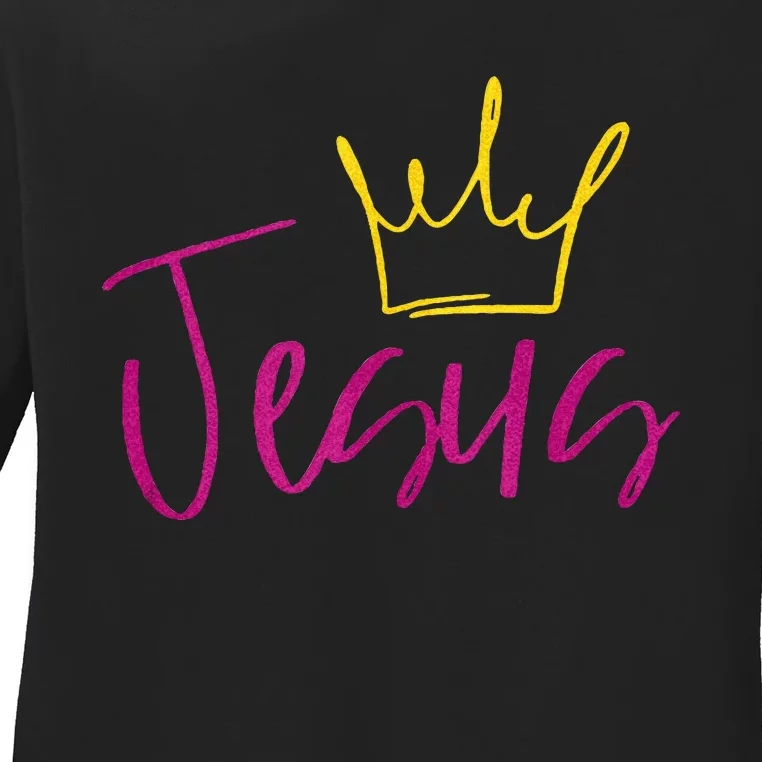 Jesus In Fuchsia Pink Gold Crown Christian Garments Ladies Long Sleeve Shirt