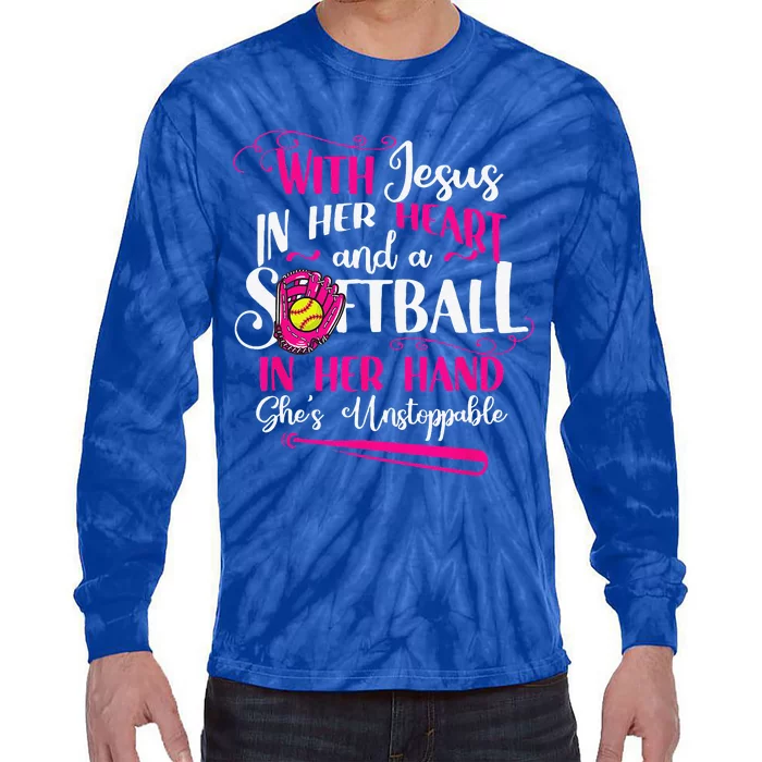 Jesus In Her Heart Softball Hand Funny Pitcher For Her Cute Tie-Dye Long Sleeve Shirt