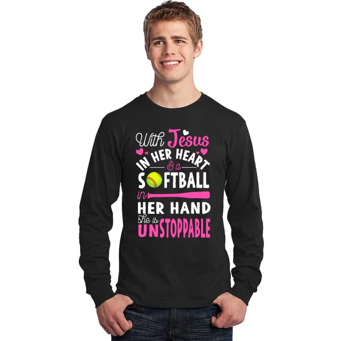 Jesus In Her Heart Softball Hand Funny Pitcher Gift For Her Tall Long Sleeve T-Shirt