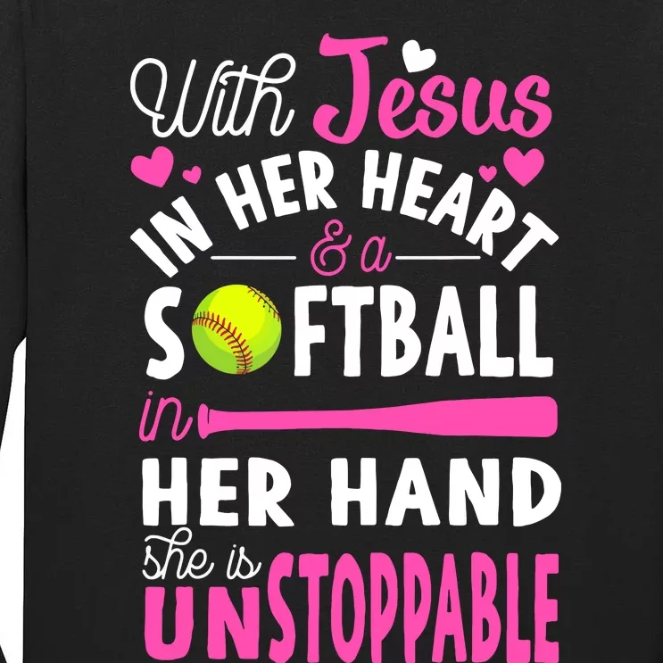 Jesus In Her Heart Softball Hand Funny Pitcher Gift For Her Tall Long Sleeve T-Shirt