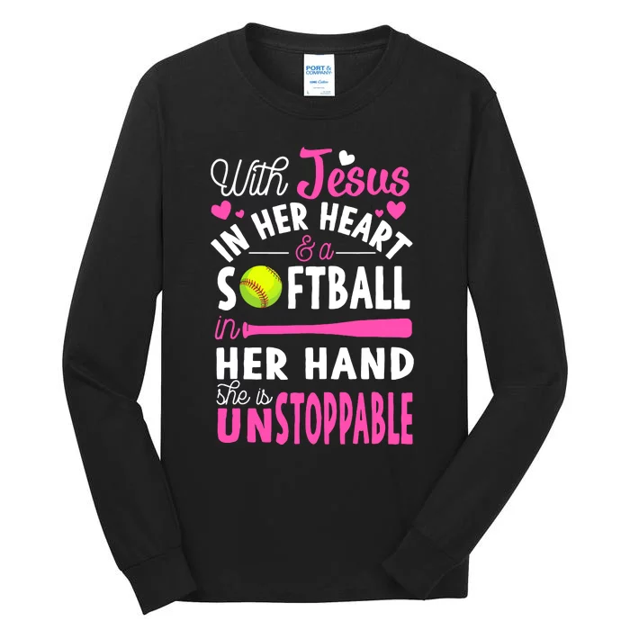 Jesus In Her Heart Softball Hand Funny Pitcher Gift For Her Tall Long Sleeve T-Shirt