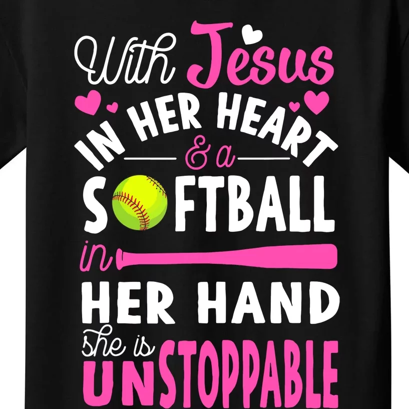 Jesus In Her Heart Softball Hand Funny Pitcher Gift For Her Kids T-Shirt