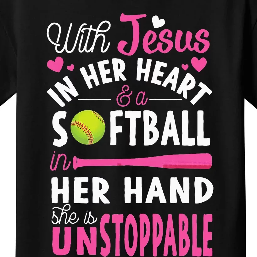 Jesus In Her Heart Softball Hand Funny Pitcher Kids T-Shirt