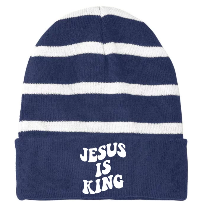 Jesus Is King Groovy Retro Christianity Striped Beanie with Solid Band