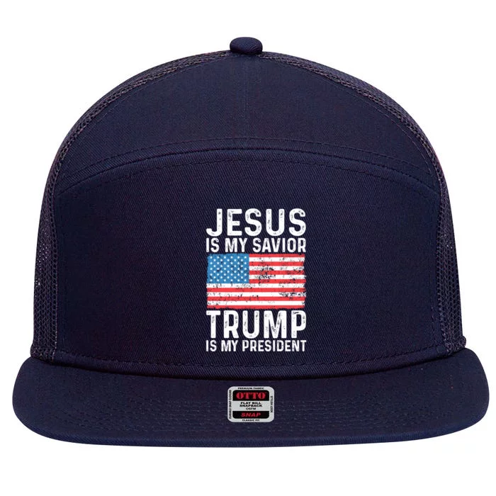 Jesus Is My Savior Trump Is My President Usa Flag Cute Gift 7 Panel Mesh Trucker Snapback Hat