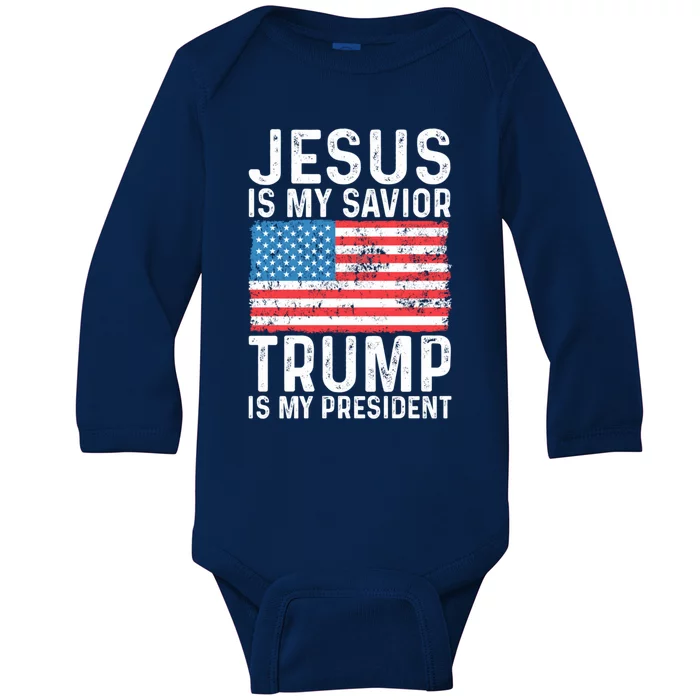 Jesus Is My Savior Trump Is My President Usa Flag Cute Gift Baby Long Sleeve Bodysuit