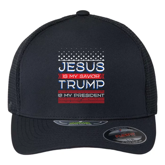 Jesus Is My Saviour Trump Is My President Inspirational Gift Flexfit Unipanel Trucker Cap