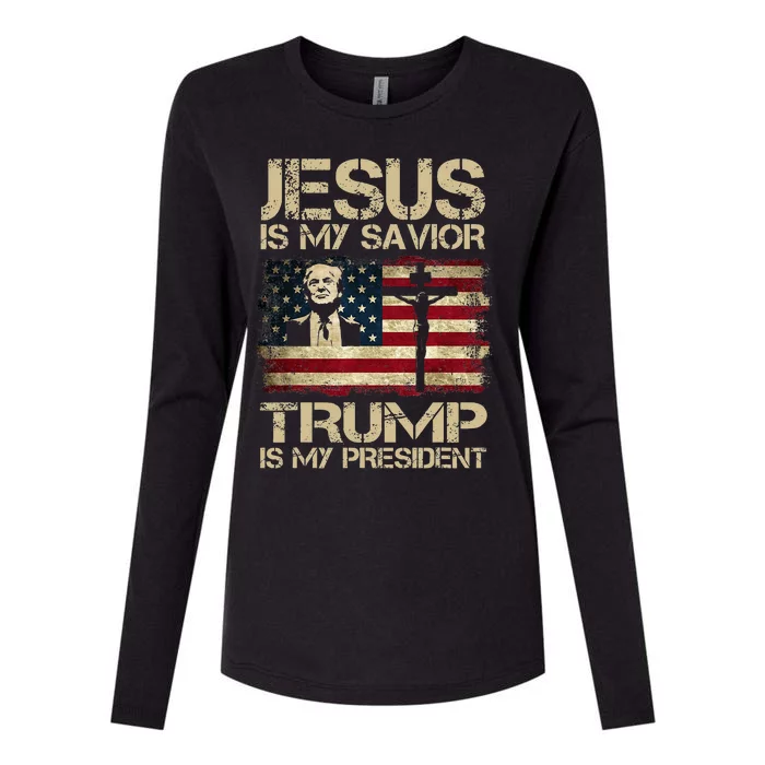 Jesus Is My Savior Trump Is My President Trump 2024 Usa Flag Womens Cotton Relaxed Long Sleeve T-Shirt