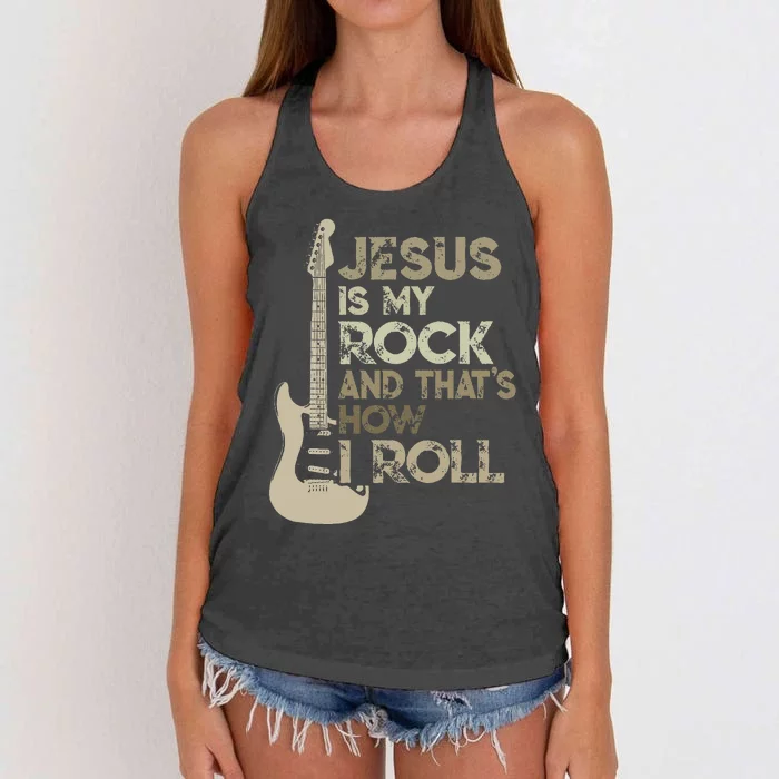 Jesus Is My Rock And That Is How I Roll Christian Guitarist Women's Knotted Racerback Tank