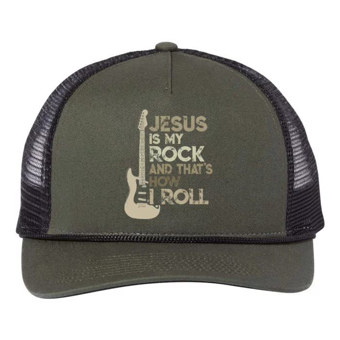 Jesus Is My Rock And That Is How I Roll Christian Guitarist Retro Rope Trucker Hat Cap