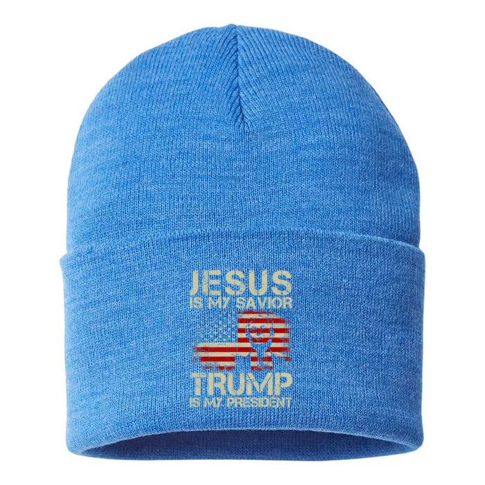 Jesus Is My Savior Trump Is My President Trump 2024 Usa Flag Gift Sustainable Knit Beanie