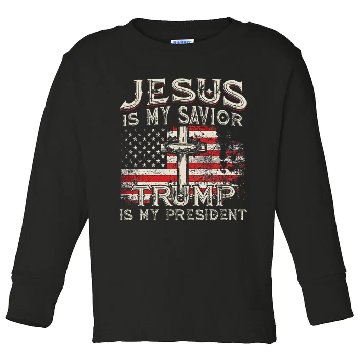 Jesus Is My Savior Trump Is My President American Flag Toddler Long Sleeve Shirt