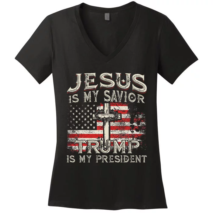 Jesus Is My Savior Trump Is My President American Flag Women's V-Neck T-Shirt