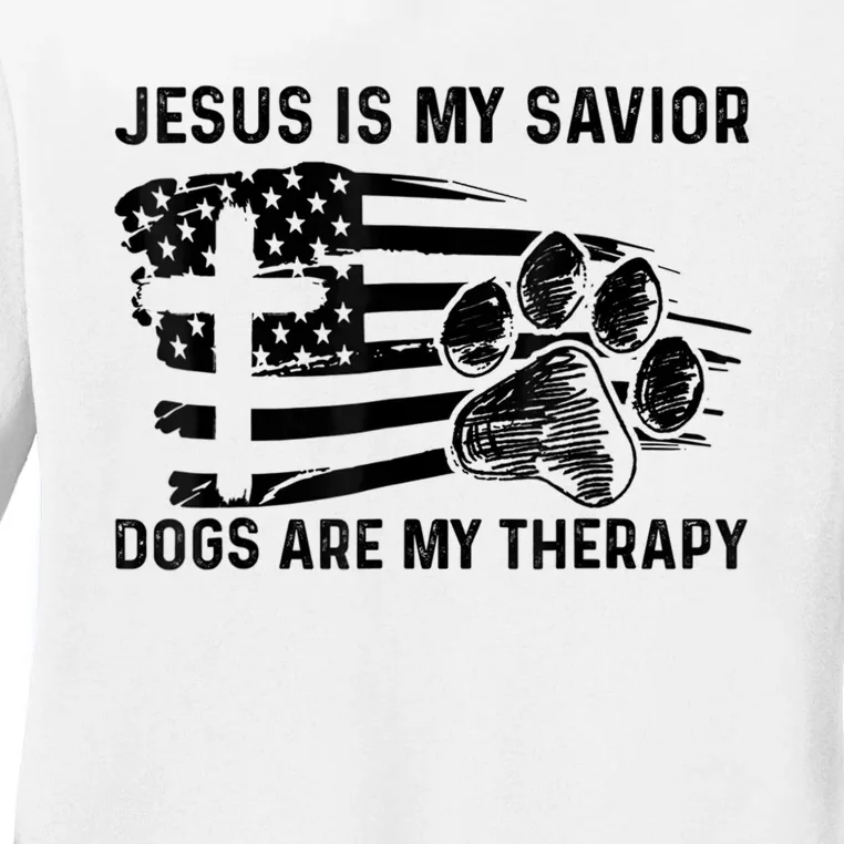 Jesus Is My Savior Dogs Are My Therapy Thanksgiving Day Ladies Long Sleeve Shirt