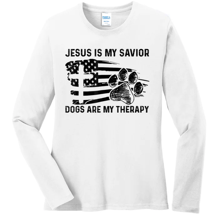 Jesus Is My Savior Dogs Are My Therapy Thanksgiving Day Ladies Long Sleeve Shirt