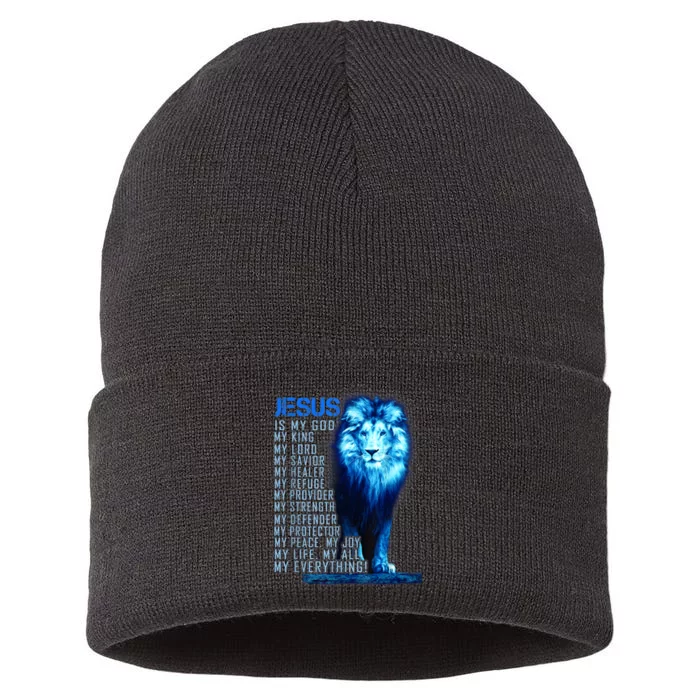 Jesus Is My God King My Lord My Savior Blue Lion Christian Sustainable Knit Beanie